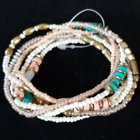 Vintage Boho Turquoise Coral Goldtone Beaded Stackable Stretch Bracelet Set - Picture 6 of 16